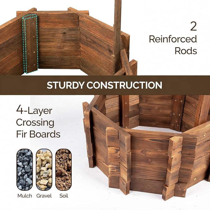 VINGLI Wooden Wishing Well Outdoor Planters, Well Covers for Yard with 2 Reinforced Rods, Height Adjustable Hanging Bucket, Rustic Flower Pot Decor for Outside Patio Garden (Carbonized, 22" Width)