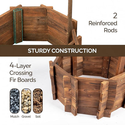 VINGLI Wooden Wishing Well Outdoor Planters, Well Covers for Yard with 2 Reinforced Rods, Height Adjustable Hanging Bucket, Rustic Flower Pot Decor for Outside Patio Garden (Carbonized, 22" Width)