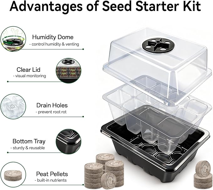 Halatool 4 Pack Seed Starter Tray with 50 PCS Peat Pellets, 48 Cells Black Seeding Starter Trays for Organic Seed Starter Soil Pods for Planting Vegetables Plants Flowers - Starting Seeds Kit