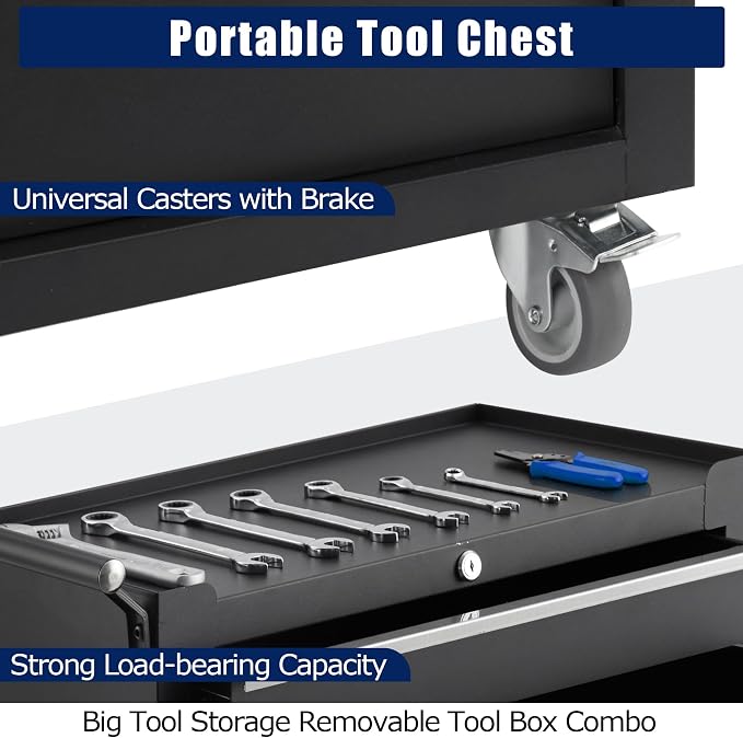 Rolling Tool Chest with Wheels, 4 Drawer Tool Storage Cabinet, Portable Toolbox Organizer with Lock, Heavy Duty Tool Chest Cart for Garage, Mechanic, Workshop, Shop, Mobile Tool Organizer, Black