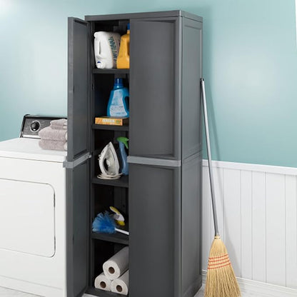 Sterilite 2-Pack 4 Shelf Cabinet, Lockable Utility Storage w/Adjustable Shelves, Gray - Plastic Shelving Unit for Organizing Garage, Pantry, Basement, Laundry Room or Mudroom