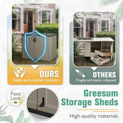 Greesum Outdoor Horizontal Storage Sheds 26 Cu.ft, Resin Large Storaged Box Weather Resistance Without Shelf, Easy to Assemble, Prefect for Garden, Patio, Backyard, Beige