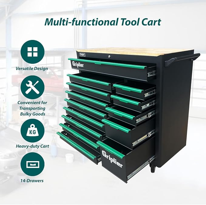 14-Drawers Rolling Tool Chest with Wood Workbench,Brake Casters,Lock & Key,Heavy-Duty Steel Tool Cabinet Storage, for Home,Garbge or Workshop Use (14 Drawers)