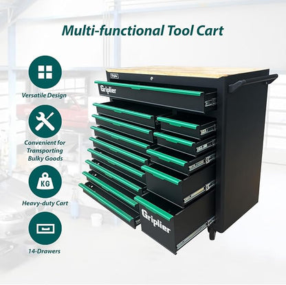 14-Drawers Rolling Tool Chest with Wood Workbench,Brake Casters,Lock & Key,Heavy-Duty Steel Tool Cabinet Storage, for Home,Garbge or Workshop Use (14 Drawers)