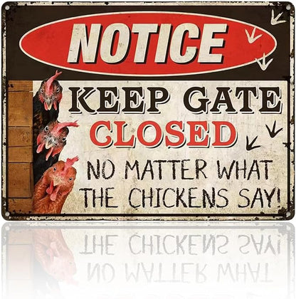 Vintage Metal Signs Chicken Coop Signs, Funny Chicken Gifts, Farm Tin Signs for Home Chicken Coop Farmhouse Kitchen Garden Decor, Keep Gate Closed 8 X 12 Inch