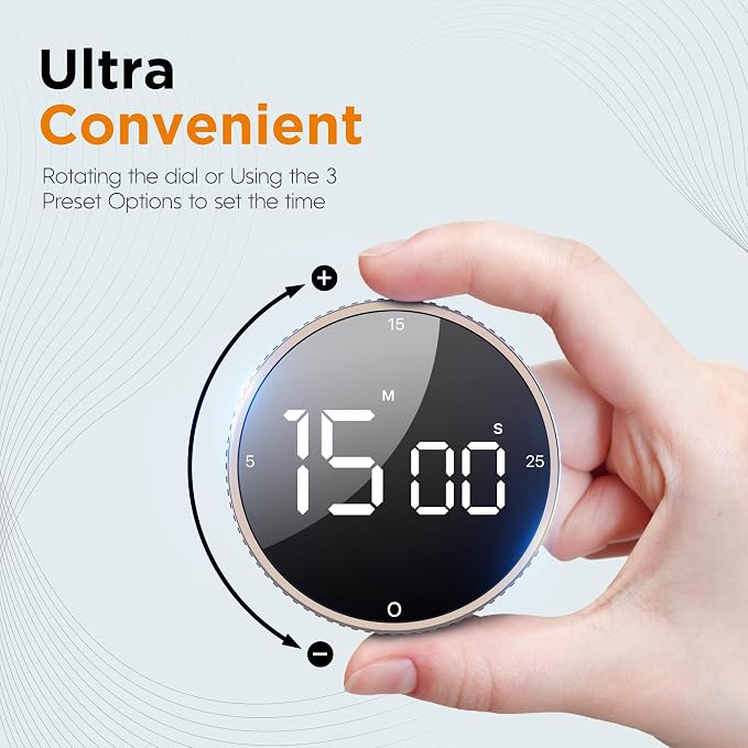 Digital Kitchen Timer - Magnetic Countdown Count Up Clock with Large LED Display, 5/15/25 Min Presets, 3 Volume Levels, Rotary Dial for Cooking, Productivity, Classroom, Fitness (2, Tarnish)