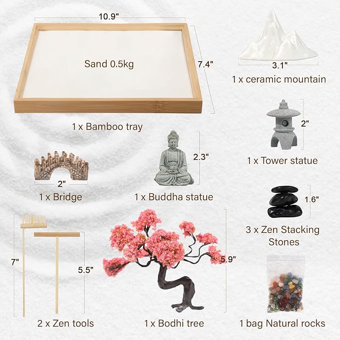 Mini Zen Garden for Desk Bodhi Tree and Buddha | Desktop Sand Tray Japanese Zen Garden Kit for Therapy Office Decor, Home Decor, Meditation Gifts