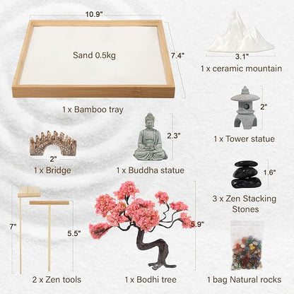 Mini Zen Garden for Desk Bodhi Tree and Buddha | Desktop Sand Tray Japanese Zen Garden Kit for Therapy Office Decor, Home Decor, Meditation Gifts