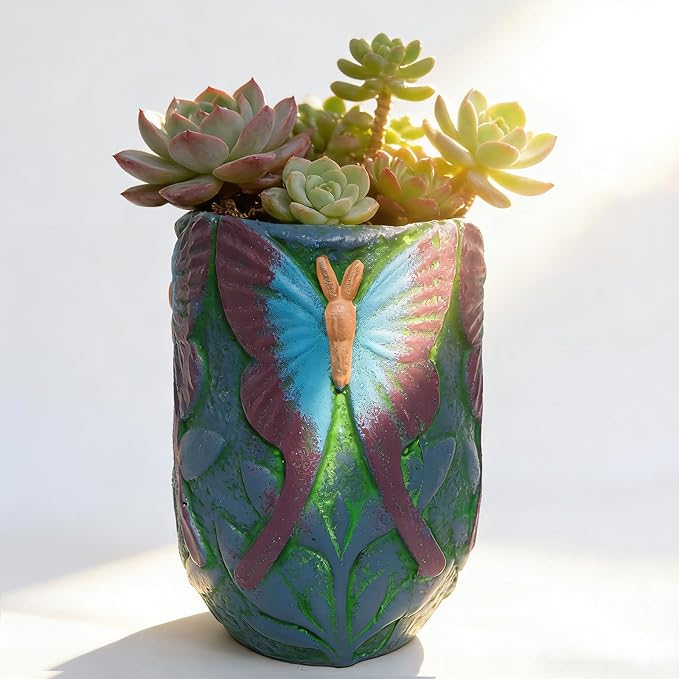 6.3 inch Green Ceramic Flower Pot with Butterfly Patterns,Indoor Outdoor Planter for Succulents Plants, Modern Home Garden Decor