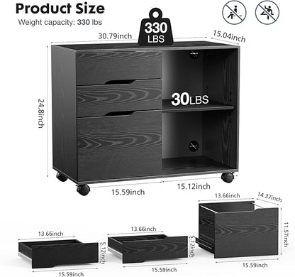 DUMOS File Cabinet with 3 Drawers, Wood Under Desk Storage Printer Stand | Rolling Lateral Filing Cabinet with Adjustable Shelves for Home Office Study Organization,Black