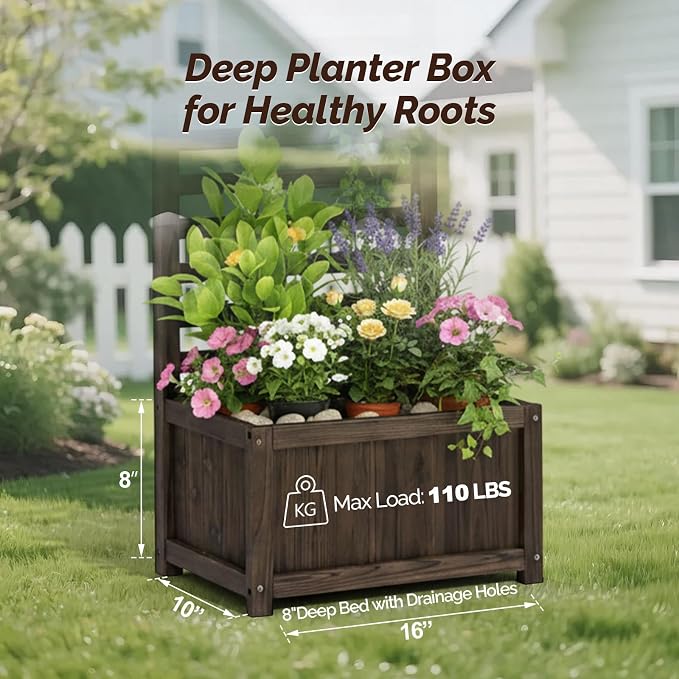 VINGLI Wooden Planter with Trellis, 51" Height Elevated Garden Beds Outdoor, FreeStanding Planter Box with Drainage Holes for Flower, Vegetable, Fruit, Herb in Garden, Patio, Balcony, 1PCS