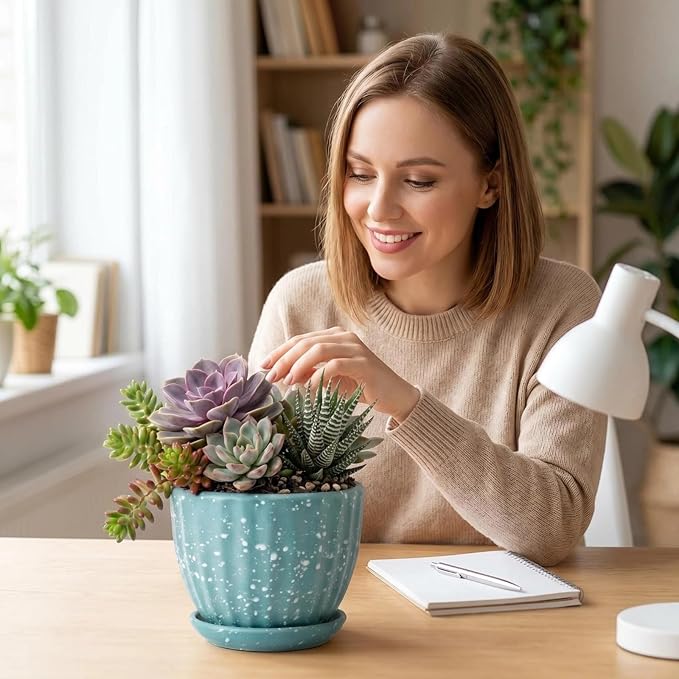 4 Inch Ceramic Indoor Succulent Plant Pots with Drainage Holes and Saucers, Bonsai Planter for Succulent, Cactus, Small Flowers (Green)