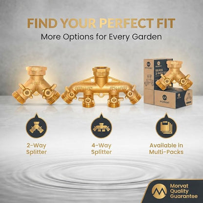 Brass Heavy-Duty Garden Hose Water Splitter | LEAD-FREE 2-Way Y Splitter for Water Spigot & Faucet | Manifold Connector ON/OFF Valves w/Improved Comfort Grip, 3 Extra Washers & Teflon Tape