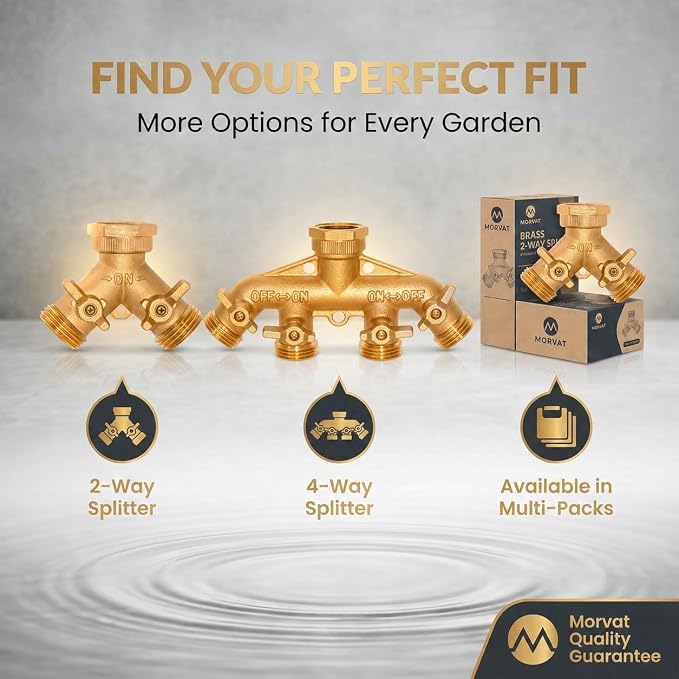 Morvat Brass Heavy-Duty Garden Hose Water Splitter | LEAD-FREE 2-Way Y Splitter for Water Spigot & Faucet | Manifold Connector ON/OFF Valves w/Improved Comfort Grip, 3 Extra Washers & Teflon Tape