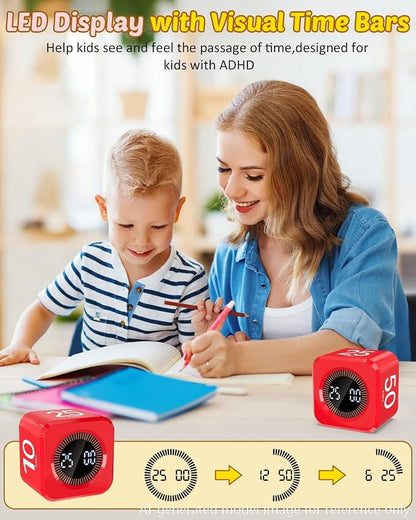 Digital Pomodoro Timer Cube 5/10/25/50min, Visual Productivity Flip Timer for Kids Classroom Desk, Custom Countdown, Silent and Sound Mode for ADHD Study Work Game Kitchen (Red)