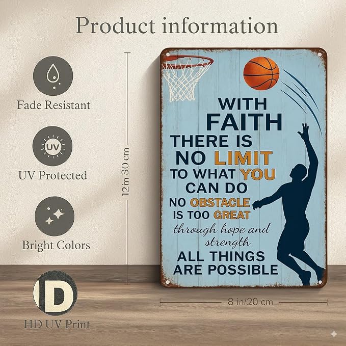 Vintage Christian Basketball Metal Sign – Faith Motivational Wall Art for Boys Room, Gym, or Locker Room – Inspirational Gift for Athletes, Teens, and Believers(Christian Basketball)