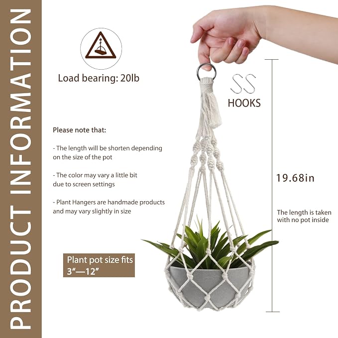 Artilady Plant Hanger Macrame, Hanging Planter for Indoor Plants Holder | Large Hanging Baskets for Plants Outdoor, No Tassels, Farmhouse Rustic Bedroom Window Patio Balcony Window Wall Decor, 2 Pack