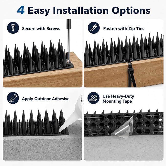 Bird Spikes for Outside, 20 Pack 20 FT Plastic Pigeon Deterrent Spikes, Dense Anti-Climb Strips for Squirrels, Raccoons & Cats, Cuttable Fence Spikes for Roof, Railing, Window Sill(Black)