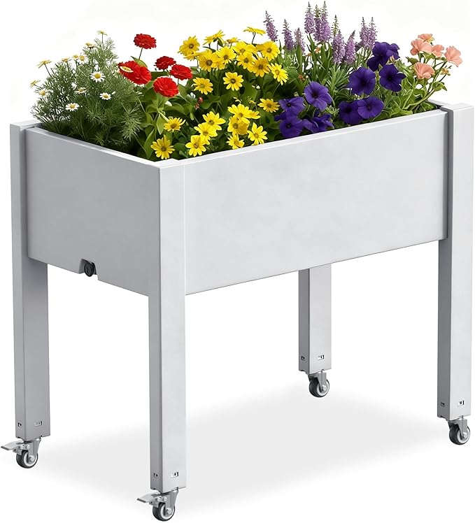 PatioZen Raised Garden Bed with Legs, 28.9" Tall Self-Watering Raised Planter Box with Lockable Wheels, Drainage Plug and Gauge for Vegetables Flowers, Rustproof Resin for Backyard Patio (Ashen)