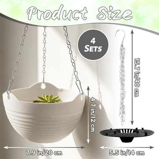 Bvrbaory 4 Pack 8 inch White Hanging Planters,Self-Watering Indoor Outdoor Plant Pots,Round Hanging Basket with Water Tray Metal Chain for Garden,Porch,Wall Decoration