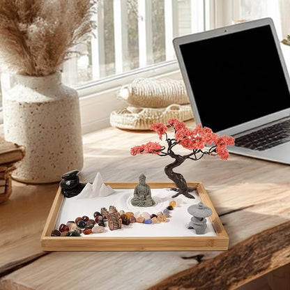 Mini Zen Garden for Desk Bodhi Tree and Buddha | Desktop Sand Tray Japanese Zen Garden Kit for Therapy Office Decor, Home Decor, Meditation Gifts