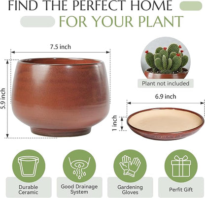 7.5 Inch Flower pots for Indoor Outdoor Plants with Saucer Drainage Leak-Proof Mesh, Ceramic Planter with Gardening Gloves for Succulent and Flower(Iron-red)