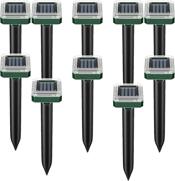 Solar Powered Mole Repellent, 10 Packs Ultrasonic Gopher Repellent Outdoor, Waterproof Vole Repellent for Lawn & Garden, Humane Deterrent for Moles, Groundhogs, Chipmunks & Snakes Square