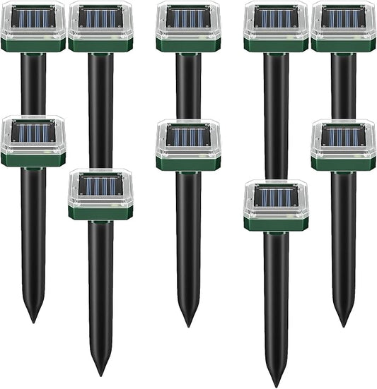 Solar Powered Mole Repellent, 10 Packs Ultrasonic Gopher Repellent Outdoor, Waterproof Vole Repellent for Lawn & Garden, Humane Deterrent for Moles, Groundhogs, Chipmunks & Snakes Square