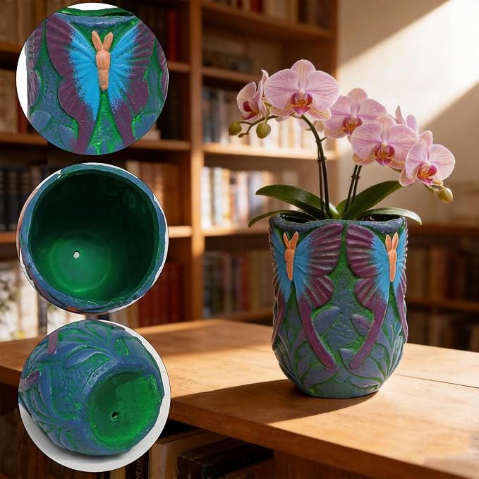 6.3 inch Green Ceramic Flower Pot with Butterfly Patterns,Indoor Outdoor Planter for Succulents Plants, Modern Home Garden Decor