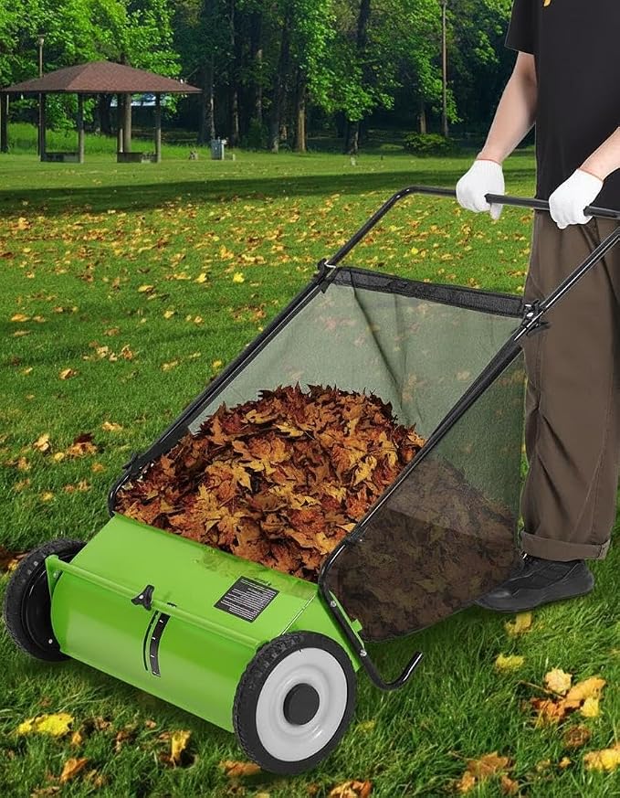 GarveeLife 21 Inch Push Lawn Sweeper with 4 Spinning Brushes, 3.5 Cu.ft Large Capacity Leaf Collector, Adjustable Height Grass Sweeper, All Terrain Lawn Leaf Debris Removal Tool for Yard Garden Patio