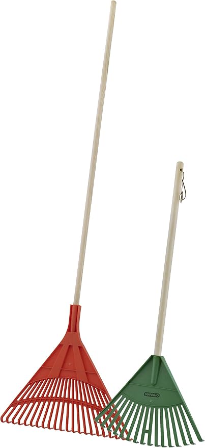 Superio Kids & Adult Rakes with Hardwood Handle, Durable Plastic Head to Sweep Leaves in Lawn and Tidying Up The Garden, Kid Size 34" Adult Size 61"