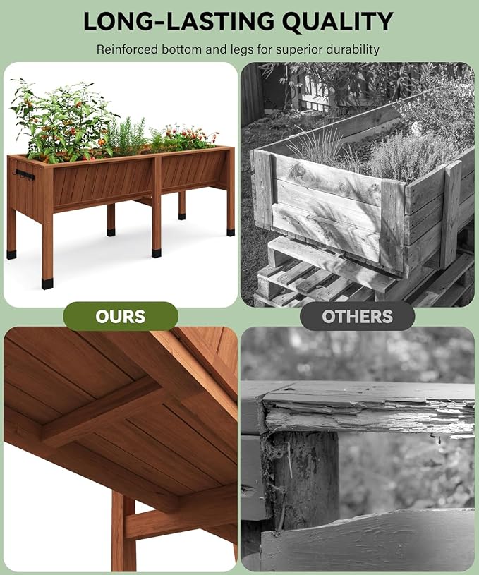 KYBOLT 72x26x31 Inch Raised Garden Bed with Legs, 13.7In Depth Wooden Planter Box for Outdoor Growing Vegetables and Herbs, Elevated Garden Bed with Hooks for Backyard, Patio, Balcony