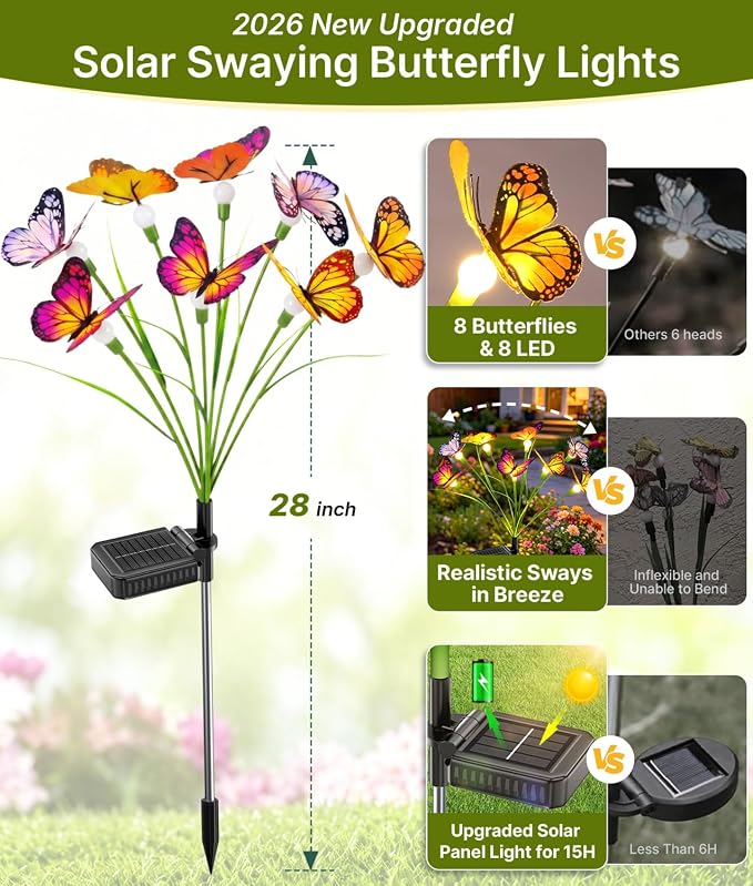 Solar Butterfly Garden Lights, 4 Pack 32 Swaying Butterflies | Lifelike Silk Wings on Wire Stems, For Yard, Patio, Pathway & Lawn, IP65 Waterproof Outdoor, Flutters in Any Breeze