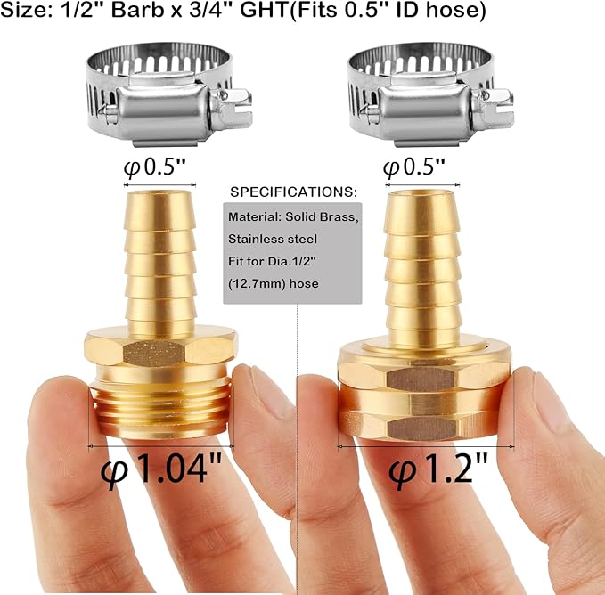 BILAL 2 Set Brass Garden Hose Repair Connector Kit with Clamps, Fit for 1/2"" Garden Hose Fitting,1/2'' Barb x 3/4'' GHT Garden Hose Adapter/Fittings, Water Hose Repair Kit