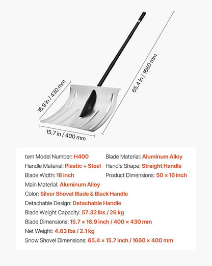 VEVOR Snow Shovel for Driveway, 16 in Wide Aluminum Alloy Snow Shovel, Non Slip Grip, Large Capacity Snowplow Shovels, Detachable & Lightweight Snows Removal Tool for Garden Car Camping Outdoors