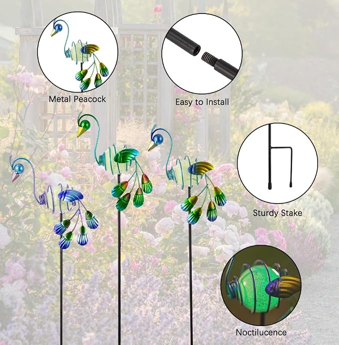 Decorative Garden Stakes, 3 Pack Glow in Dark Metal Garden Stakes | Luminous Peacock Yard Art Decor Waterproof Lawn Ornament Gifts for Mom, Women