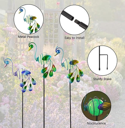 Decorative Garden Stakes, 3 Pack Glow in Dark Metal Garden Stakes | Luminous Peacock Yard Art Decor Waterproof Lawn Ornament Gifts for Mom, Women