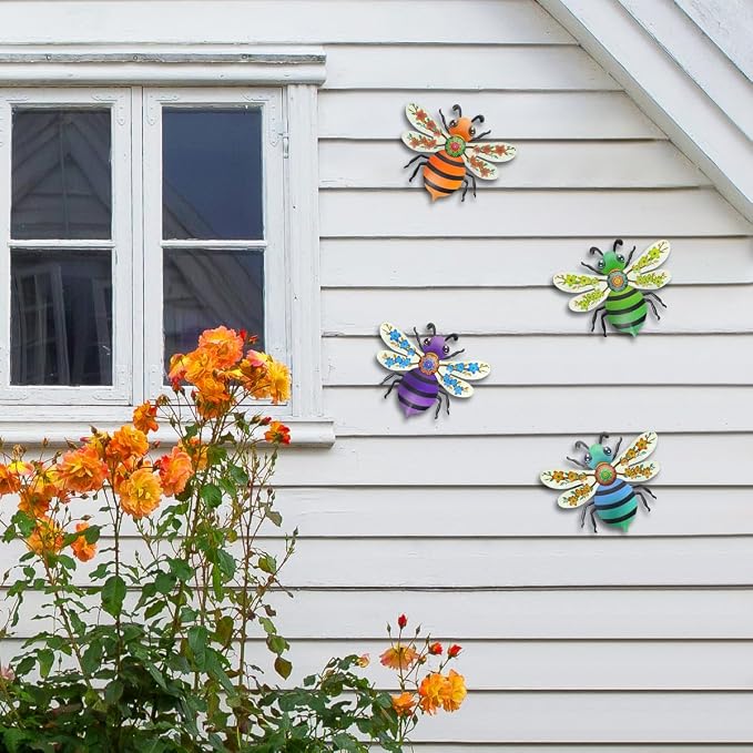 VOKPROOF Metal Bee Wall Art Decor, Outdoor Fence Decor for Patio Yard Garden, Hanging Decorations for Living Room, Bedroom(4 Pack)