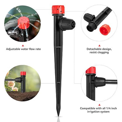 50pcs Drip Irrigation Emitters for 1/4" Tubing, 360 Degree Adjustable Flow