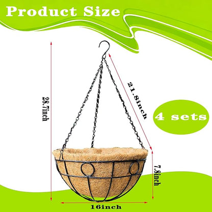 4 Pack 16" Round Metal Hanging Basket for Outdoor Plants Durable Large Hanging Planter with Coco Coir Round Plant Holders Planter for Outside Garden Decoration (Circular)