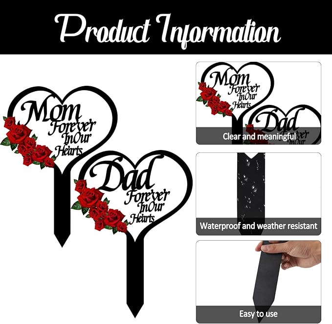 OZIO Memorial Grave Markers for Cemetery, Heart Memorial Plaque Stake Cardinals Garden Stake Memorial Metal Grave Stake Decoration for Mom Dad Cemetery Outdoors Yard Garden