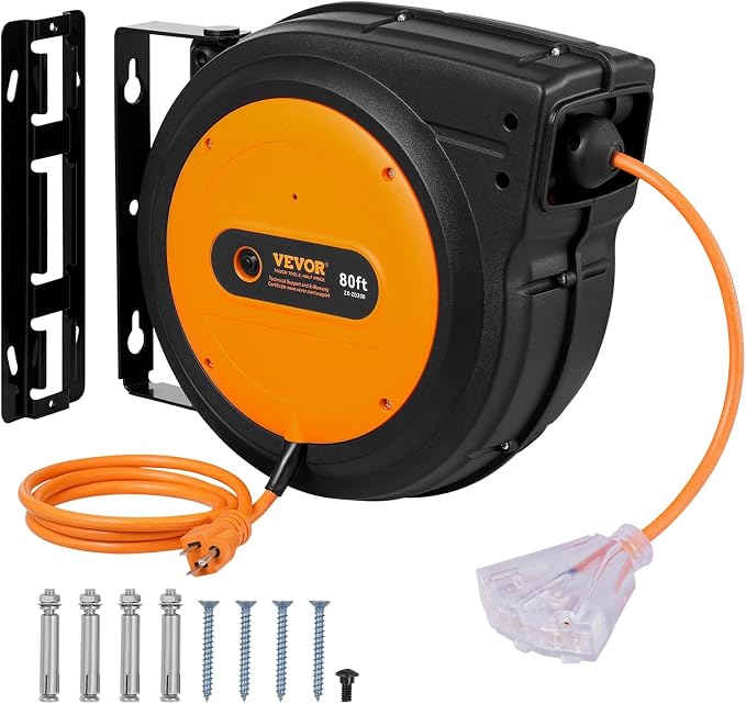 VEVOR Retractable Extension Cord Reel, 80 FT, Heavy Duty 12AWG/3C SJTOW Retractable Power Cord with Lighted Triple Tap Outlet, 15 Amp Circuit Breaker 180° Swivel Bracket for Ceiling or Wall Mount