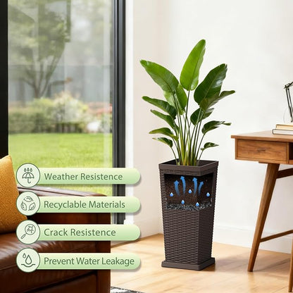 Set of 2 24 Inch Tall Plastic Planters with Drainage Saucers, Rattan Pattern UV Resistant Indoor Outdoor Flower Pots for Patio Garden Balcony Decor, Brown