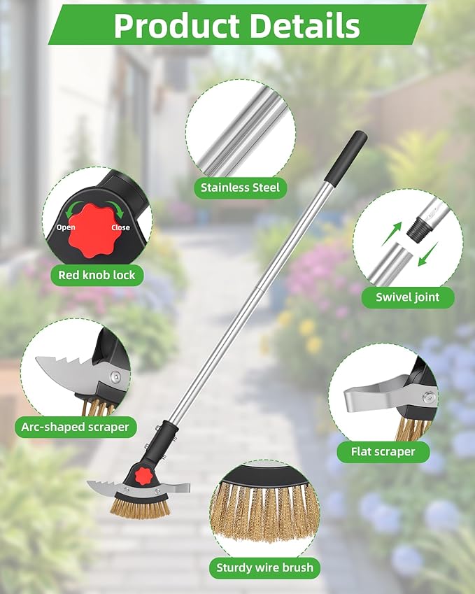 3-in-1 Crack Weeder Long Handle, Adjustable Crevice Weeding Tool with Stainless Steel Weed Brush and 2 Scrapers Weed Puller Tool for Driveway, Sidewalk, Lawn to Remove Weeds Moss Dirt (58.6")