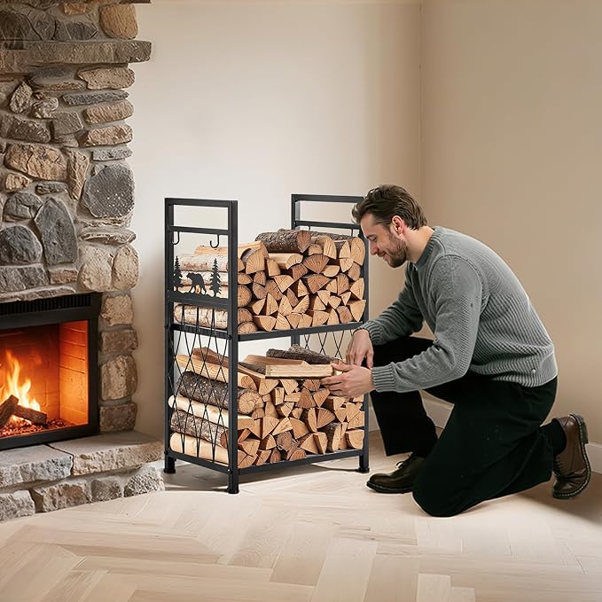 VEVOR Indoor Firewood Rack, 1.3 ft 2-Tier Firewood Holder with Fireplace Tools, Brush, Shovel, Poker, Tongs, Heavy Duty Log Wood Rack, 400 lbs Weight Capacity, Wood Pile Storage Stacker for Fire Pit