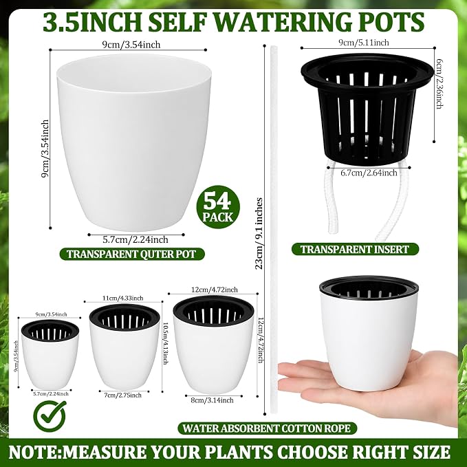 54 Pcs Self Watering Pots, 3.5 Inch Plastic Flower Plant Pot with Inner Pot Self Watering Wick Planter White Clear Flower pots for Indoor House Plants Herbs, Flowers, Succulents(White Black)