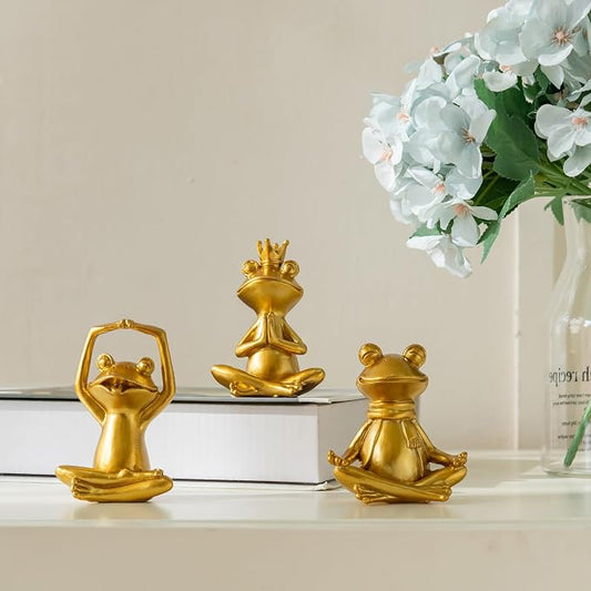 Gold Yoga Frog Figurines Set of 3 - Meditating Resin Zen Statues & Sculptures for Home, Office Desk, Shelf Decor - Cute Frog Lover Gifts for Women, Yoga Enthusiasts
