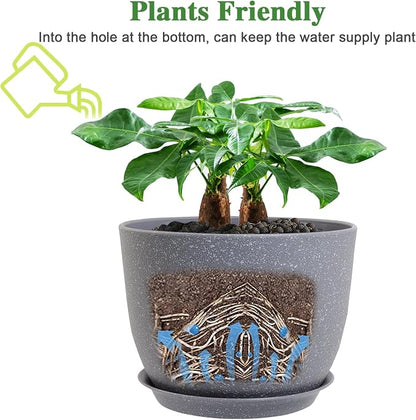UOUZ 12/10/9 Large Modern Plant Pots, Plastic Planters with Drainage Holes and Saucers for Indoor Outdoor Plants Flowers, Grey Speckles