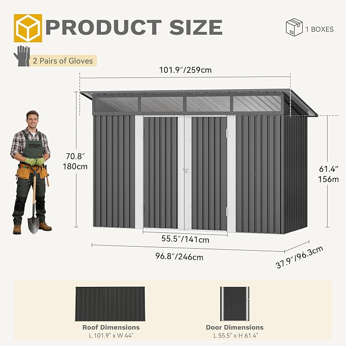 DWVO 9x4 FT Storage Shed for Bicycle, Functional Metal Tool Shelter Garden Storage Unit with Acrylic Windows, Secure Entry Lock, Water-Resistant Waste Enclosure for Outdoor Patio Garden(Dark Gray)