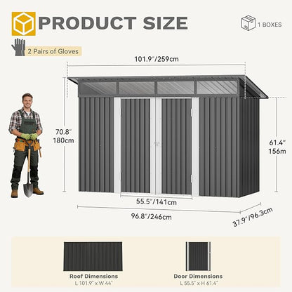 DWVO 9x4 FT Storage Shed for Bicycle, Functional Metal Tool Shelter Garden Storage Unit with Acrylic Windows, Secure Entry Lock, Water-Resistant Waste Enclosure for Outdoor Patio Garden(Dark Gray)